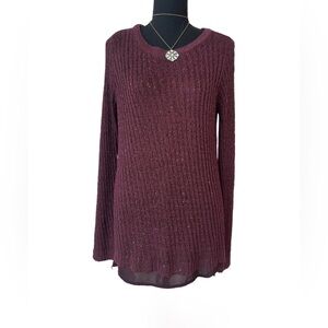 #98 APT. 9 ~ Maroon Long Sleeve Hi-Low Ribbed Knit Top Chiffon Hemline in Front